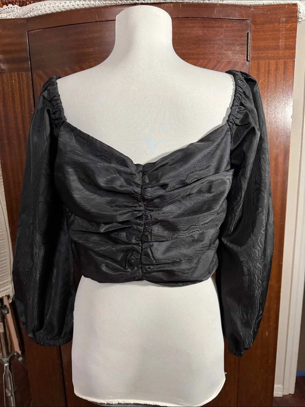 J. Crew Black Ruched Puff-Sleeve Crop Blouse